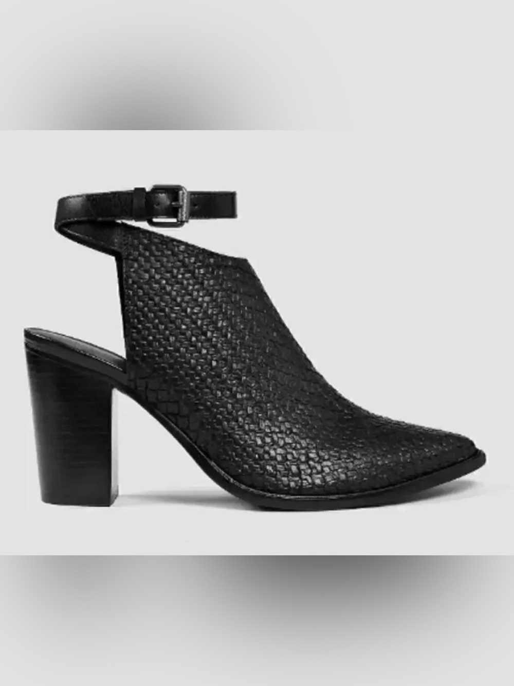 AllSaints Black Woven Leather Pointed Toe Ankle Strap Block Heel Boots